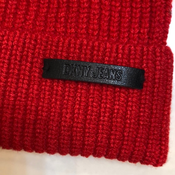 DKNY Ribbed Knit Cuffed Beanie Hat Color Scarlet Red Logo Accent OS NWT - Picture 6 of 15